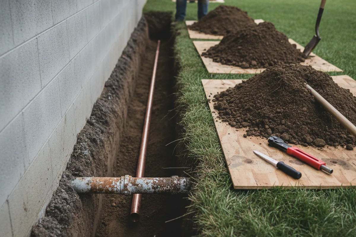 Excavated water line trench during Sewer Line Repair in Lemon Grove